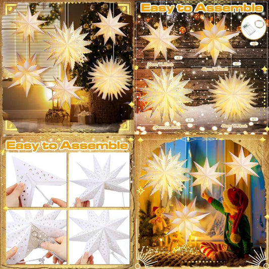 6 Pack Winter Snowflake Paper Lantern Star Paper Lanterns with 6 LED Light White Hanging Lamp Ornaments for Christmas Winter
