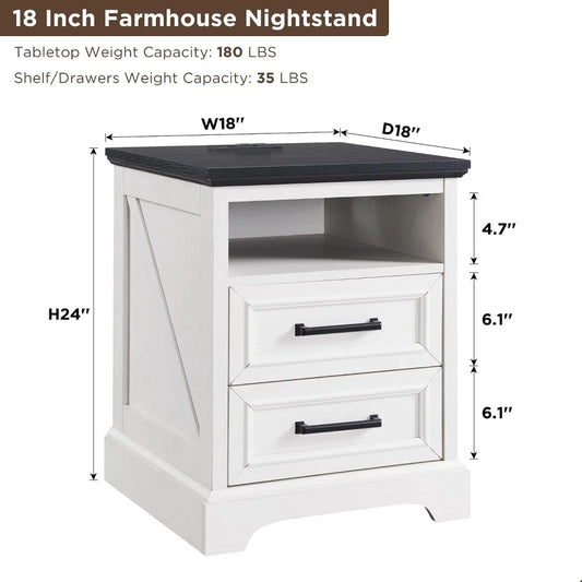 18 Inch Farmhouse Nightstands Set of 2, 2 Drawer Storage & Charging Station Bedside Side End Cabinet, Custom