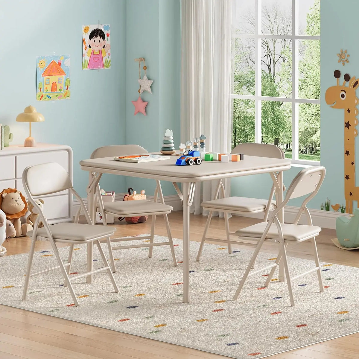 5-Piece Kids Folding Table and Chairs Set, Toddlers Children's Activity Table and Chairs Set for Dining Room,Daycare,Classrooms