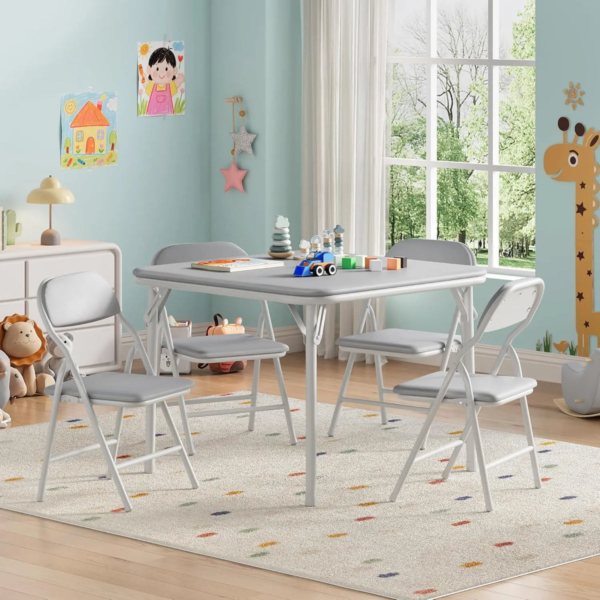 5-Piece Kids Folding Table and Chairs Set, Toddlers Children's Activity Table and Chairs Set for Dining Room,Daycare,Classrooms