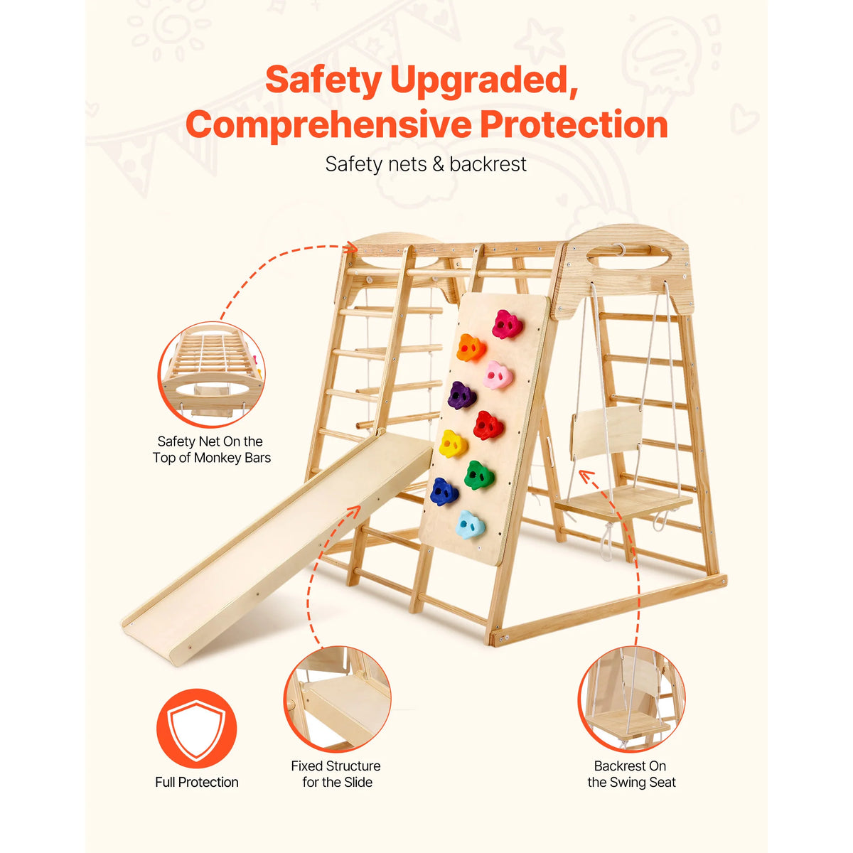SucceBuy Indoor Jungle Gym 7-in-1 Toddler Indoor Playground with Wood and Rope Ladder Net Ladder Swing Monkey Bar Slide for Kids