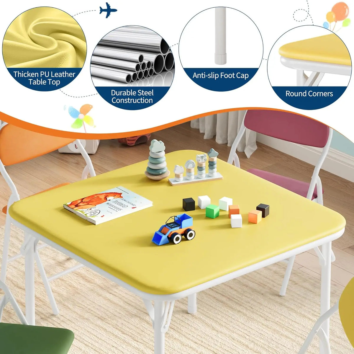 5-Piece Kids Folding Table and Chairs Set, Toddlers Children's Activity Table and Chairs Set for Dining Room,Daycare,Classrooms