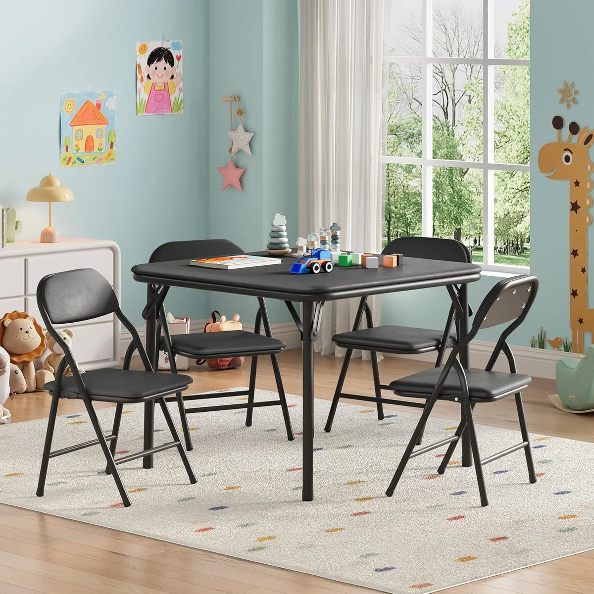 5-Piece Kids Folding Table and Chairs Set, Toddlers Children's Activity Table and Chairs Set for Dining Room,Daycare,Classrooms